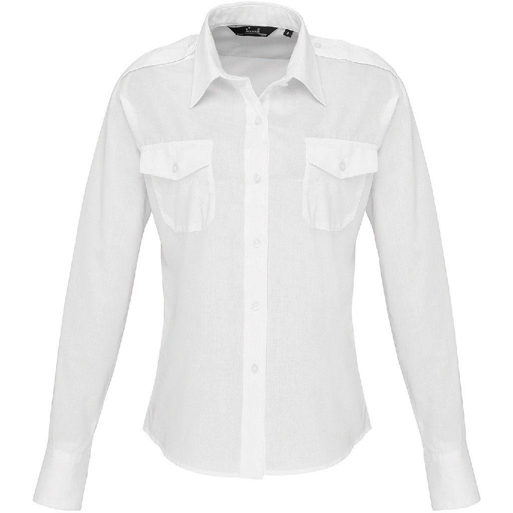 Premier Women's Long Sleeve Pilot Shirt in White